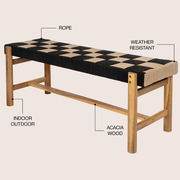 Denis 48" 2-Seat Backless 700-Lbs Support Acacia Wood Outdoor Bench With Checkerboard Woven Rope Seat